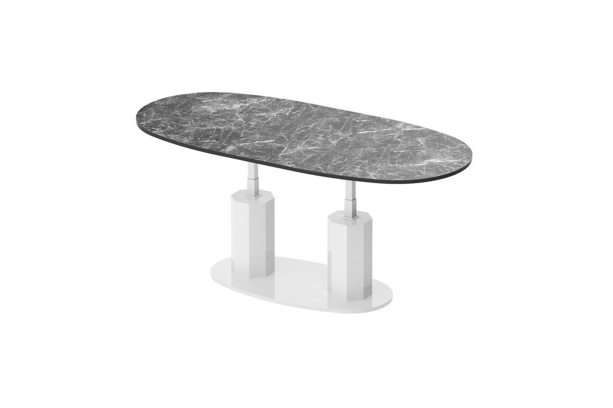 COUCHTISCH Marmor dunkel Weiß Hochglanz oval ausziehbar höhenverstellbar - Dunkelgrau/Weiß Hochglanz, Holzwerkstoff (80/130/54cm) - designimpex