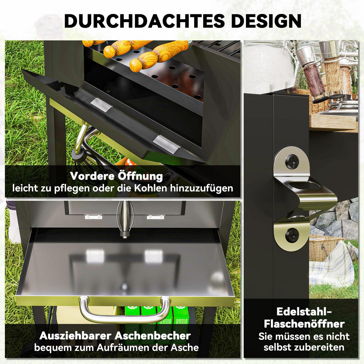 HOLZKOHLEGRILL DE-10325 höhenverstellbare Kohlenpfanne Schwarz - Schwarz, Metall (58/107/112cm) - ComfortXL