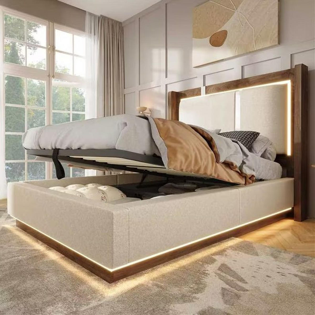 ČALOUNĚNÁ postel 90/200 cm s LED osvětlením, hydraulickým úložným prostorem a roštem, Béžová/ořech - béžová, textil (90/200cm) - Redom
