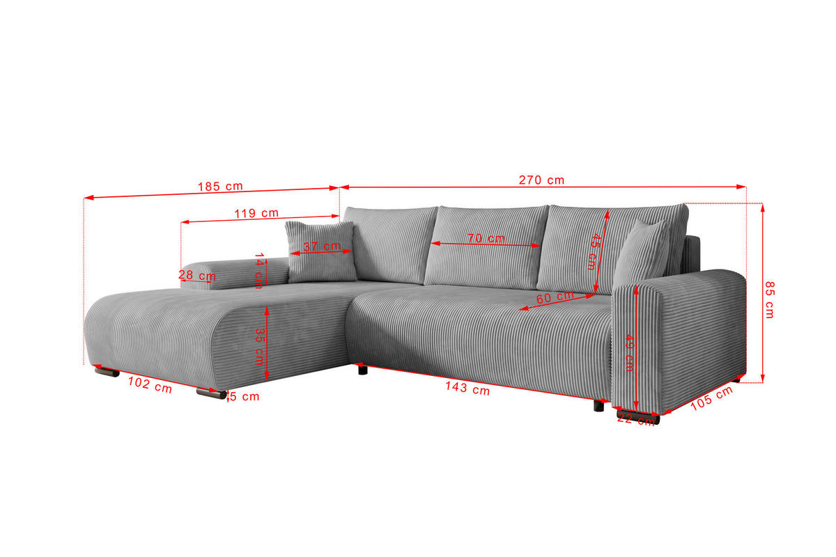 ECKSOFA Nelly mit Bettkasten und Schlaffunktion, Cordstoff in L-Form - Grau, Textil (270/185cm)