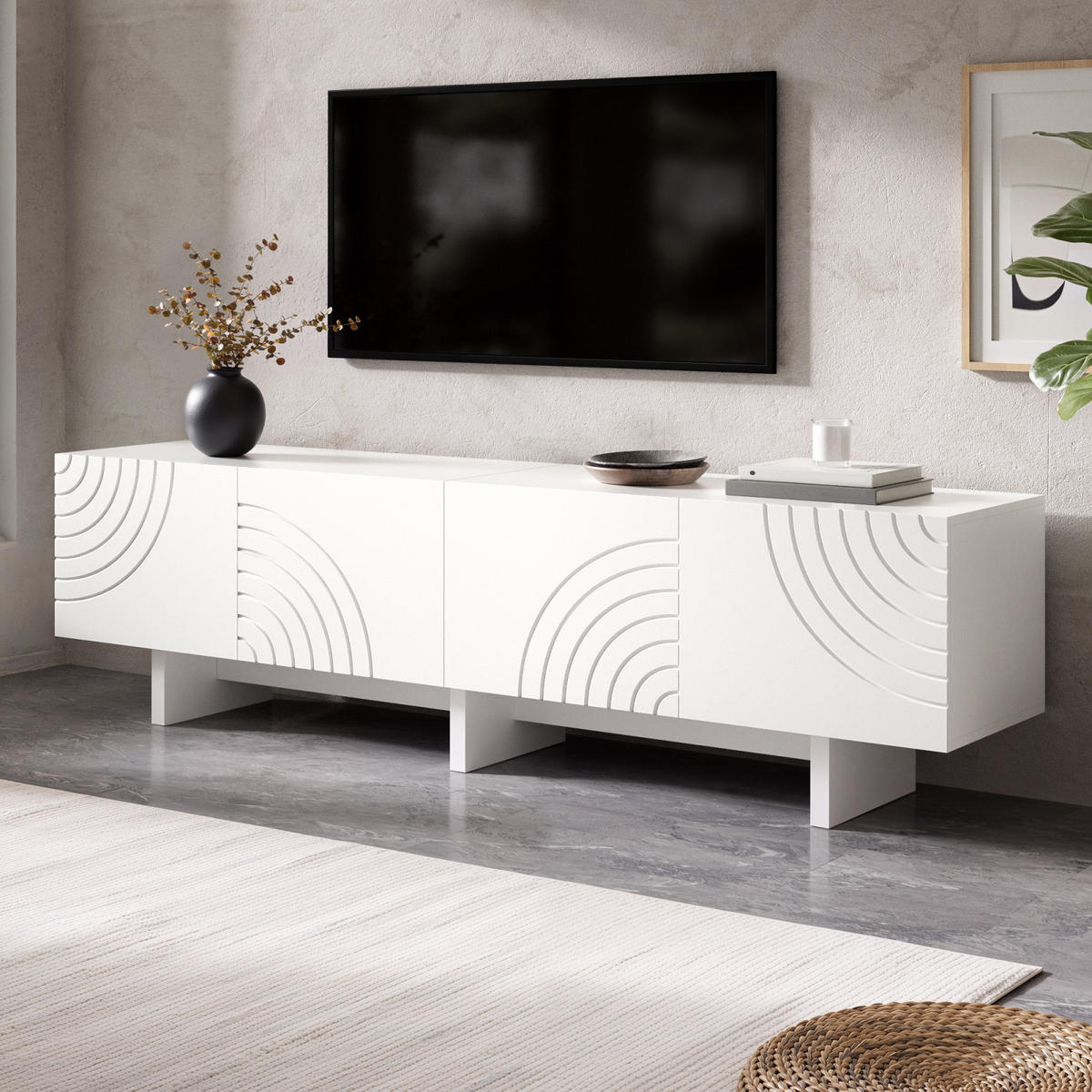 TV-LOWBOARD 170 x 35 x 50 cm, 4 Türen, geometrische Relieffront, Mittelfach, Weiß - Weiß, Holzwerkstoff (170/50/35cm)