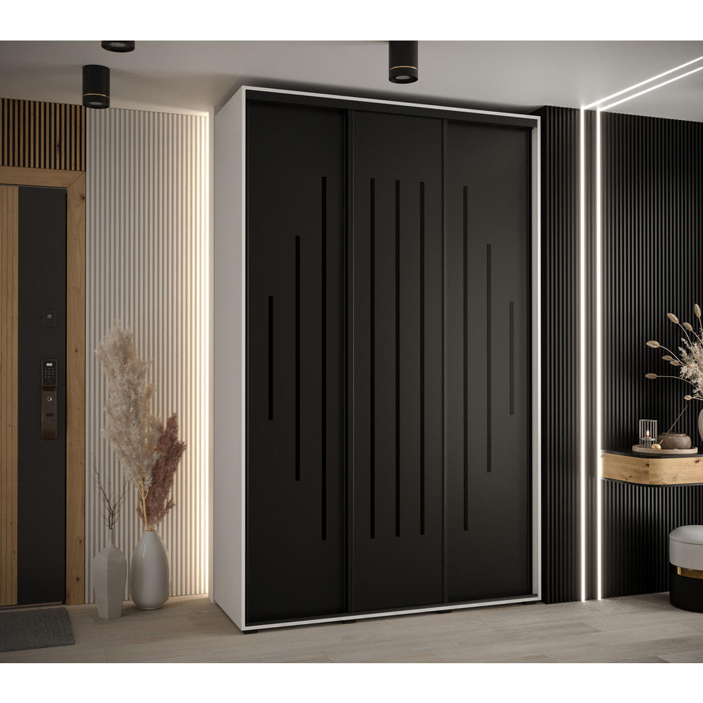 Thumbnail - Abiks Möbel Schwebetürenschrank, Weiß, Schwarz, Schwarz, Metall, Nachbildung, 6 Fächer, 150x235x45 cm, Schlafzimmer, Kle...