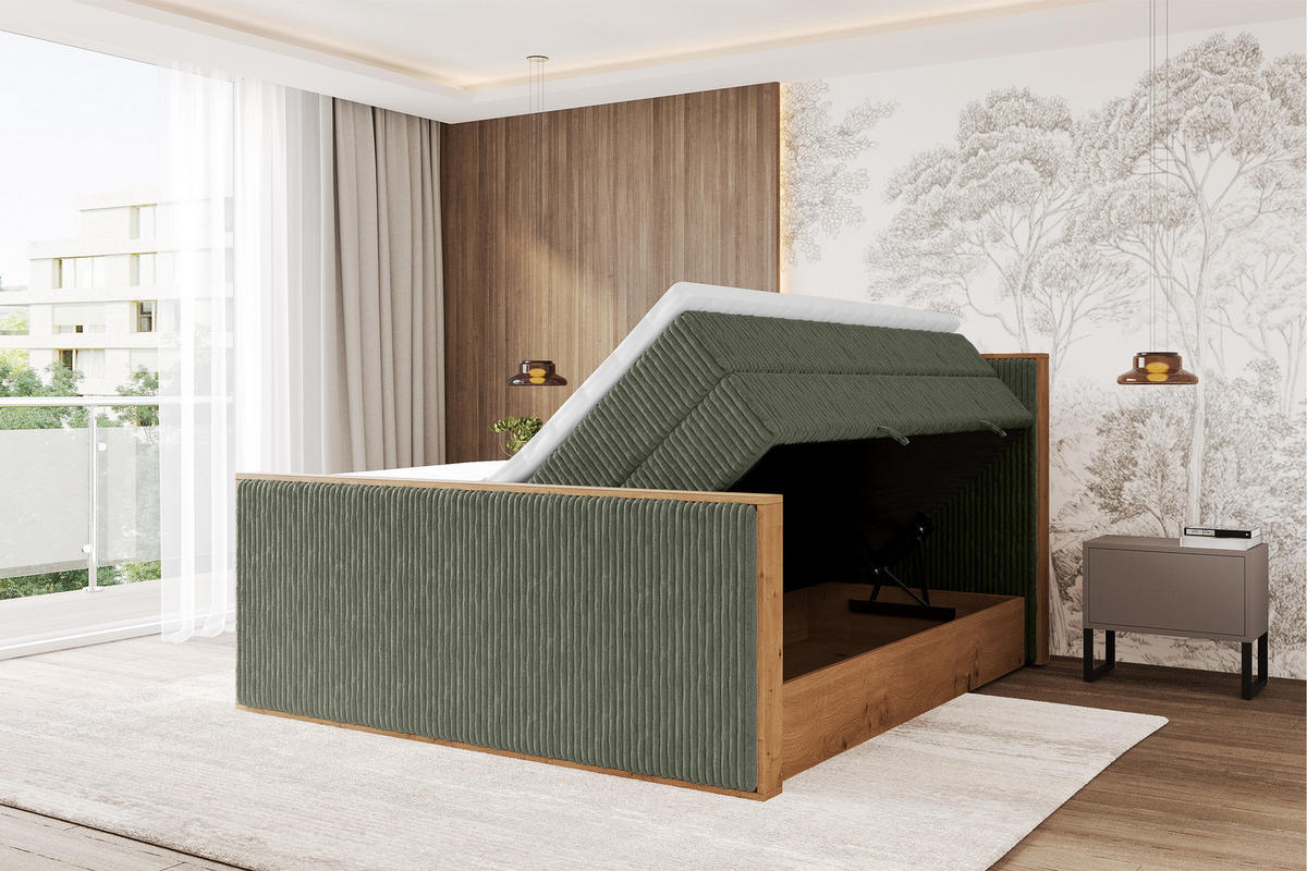 BOXSPRINGBETT LOLLI9 -Z-KING 200x200 - H3/H4 Olivgrün - Olivgrün, Holzwerkstoff (200/200cm) - ALTDECOR