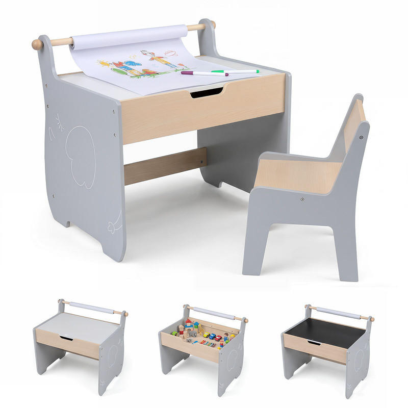 KINDERTISCH mit Stuhl grau(2-tlg) - Grau, Holzwerkstoff (61.5/59/47cm) - COSTWAY