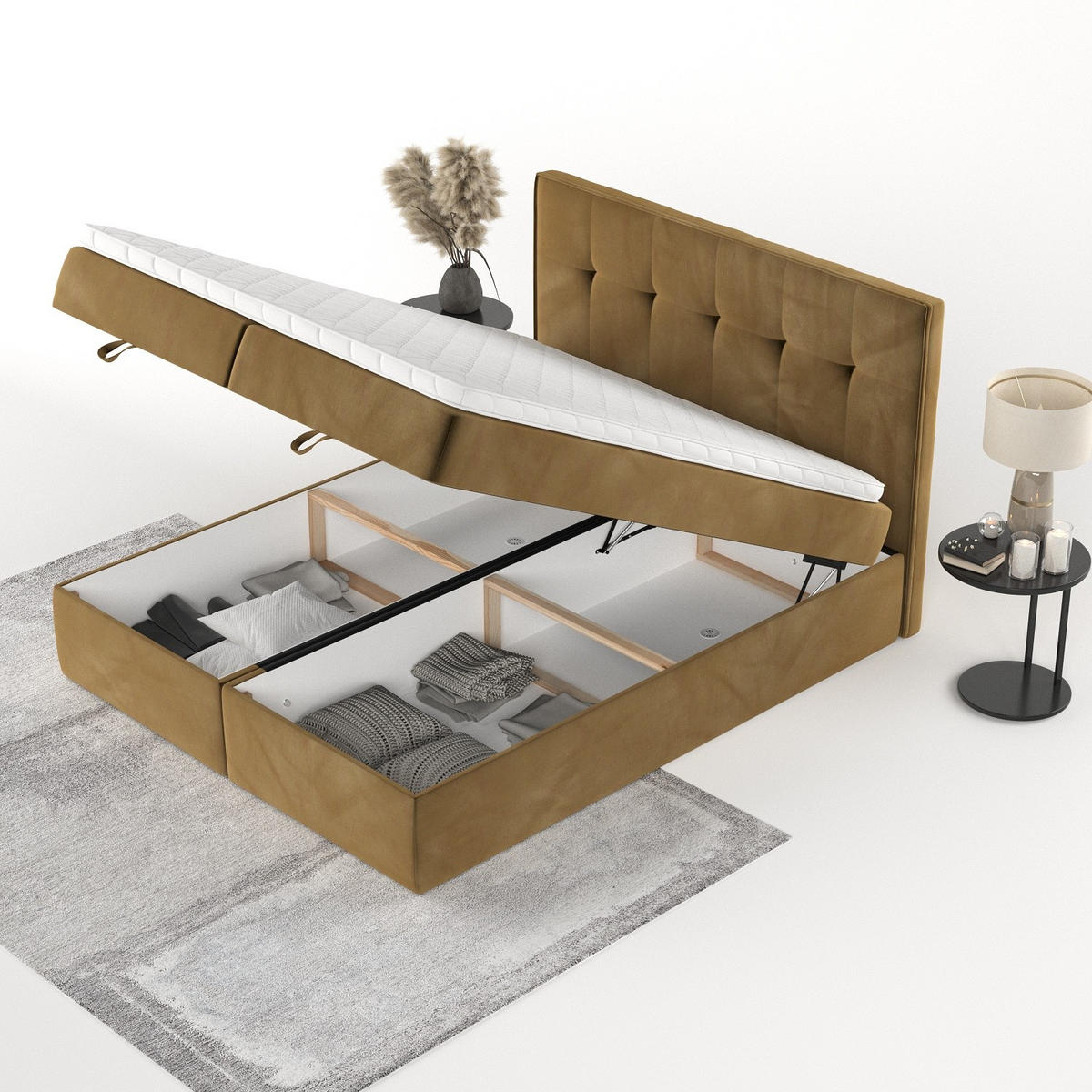 BOXBETT Tivra 200/200 cm Honiggelb im Kronos Stoff - Schwarz/Honig, Holz/Holzwerkstoff (200/200cm) - AltaBeds