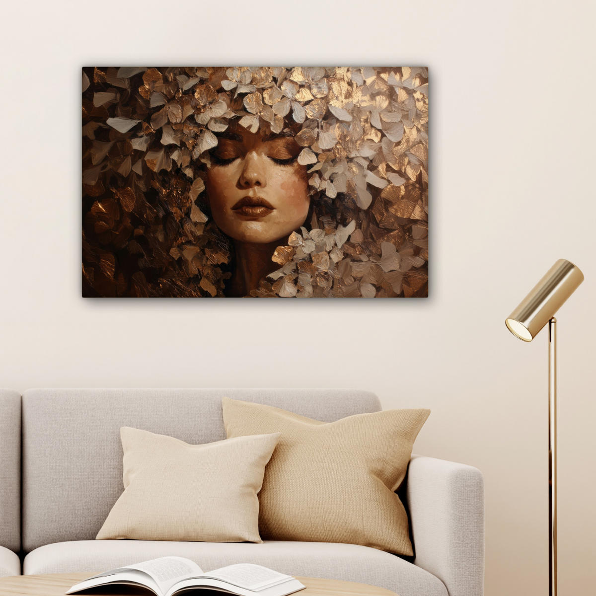 LEINWANDBILD Gesicht - Dame - Blätter - Pinselstriche Wanddeko 90x60 cm - Goldfarben, Textil (90/60cm) - MuchoWow