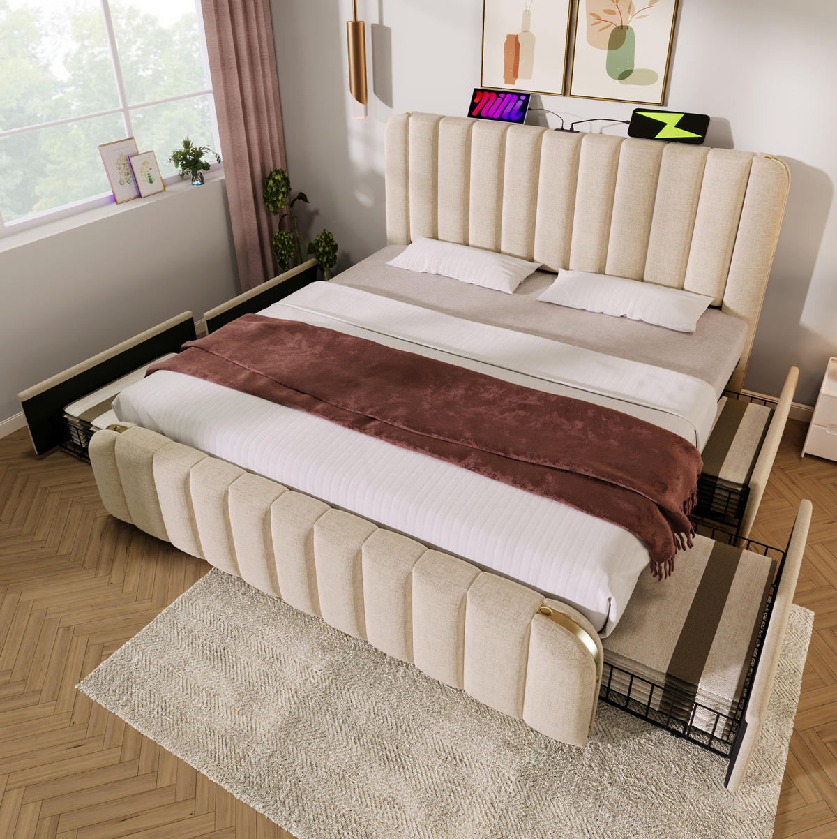 POLSTERBETT mit 4 Schubladen USB/Typ-C 180x200 cm Leinen Beige - Beige, Metall (180/200cm) - Meubliv