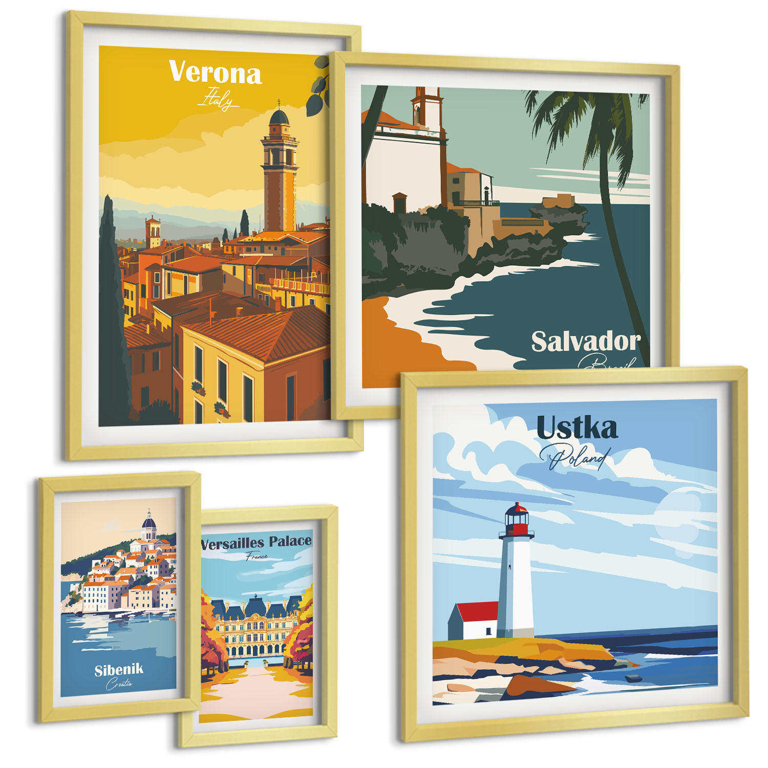 BILDER SET 5er Set - 50x50 cm & 20x30 cm & 40x60 cm Goldrahmen - Europäische Städte in farbigen Illustrationen - Goldfarben, Kunststoff (40/60cm) - TULUP