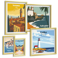 BILDER SET 5er Set - 50x50 cm & 20x30 cm & 40x60 cm Goldrahmen - Europäische Städte in farbigen Illustrationen - Goldfarben, Kunststoff (40/60cm) - TULUP