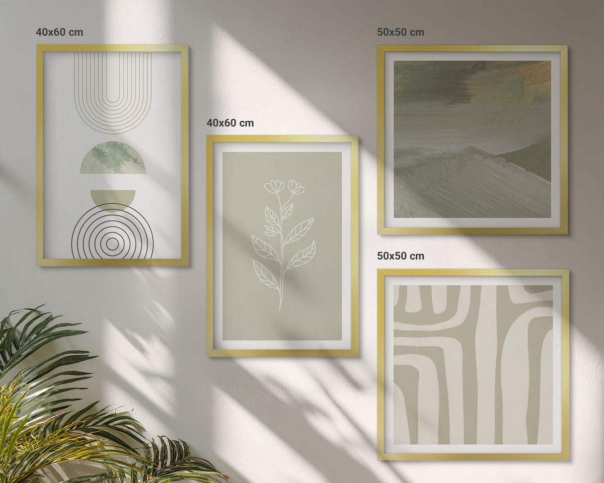 WANDBILDER 4er Set - 50x50 cm & 40x60 cm Goldrahmen - Geometrische Pflanzenmuster - Goldfarben, Kunststoff (50/50cm) - ArtPrintCave