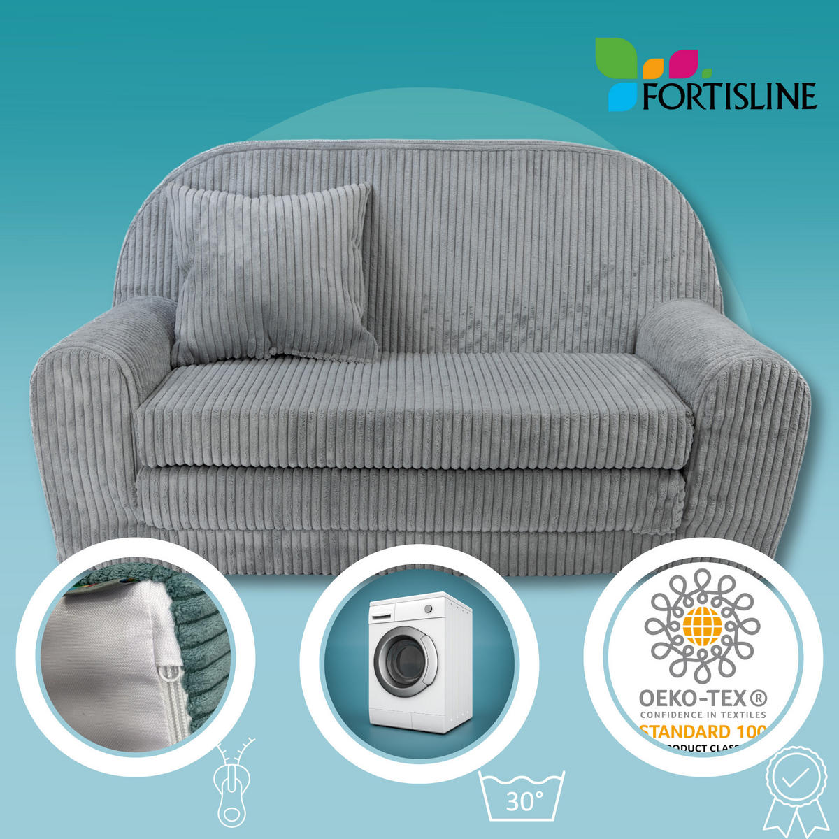KINDERSOFA MINI aus Kuschel-Cord in Schwarz - Schwarz, Textil (78/45/40cm) - Fortisline