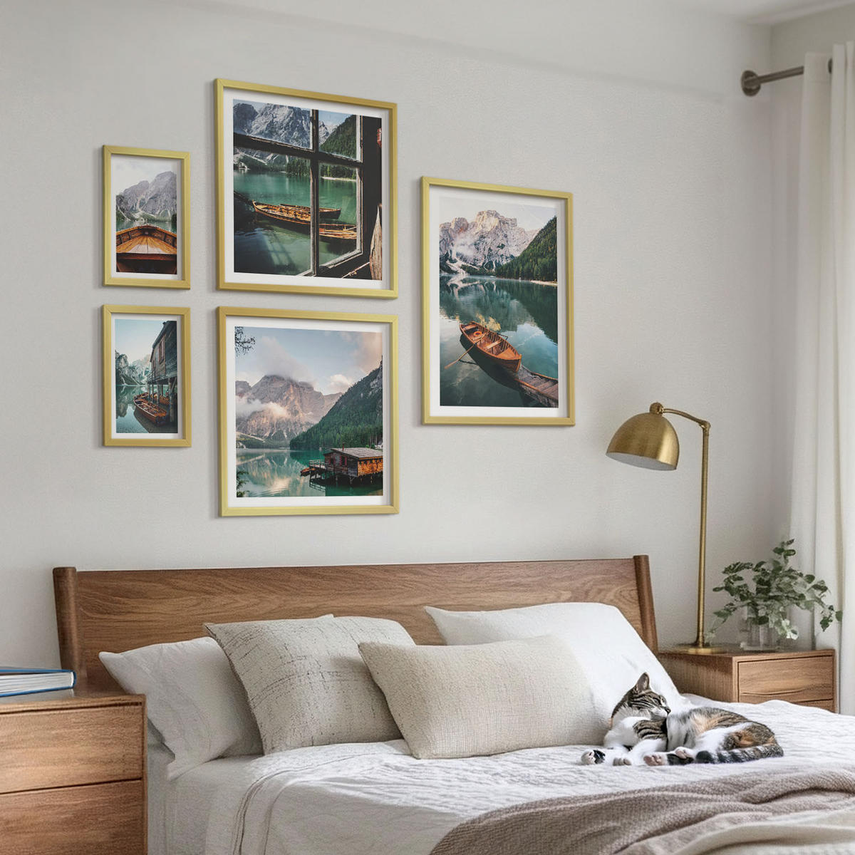 WANDBILDER 5er Set - 50x50 cm & 20x30 cm & 40x60 cm Goldrahmen - See, Berge, Boote, Hütte, Fenster - Goldfarben, Kunststoff (40/60cm) - ArtPrintCave