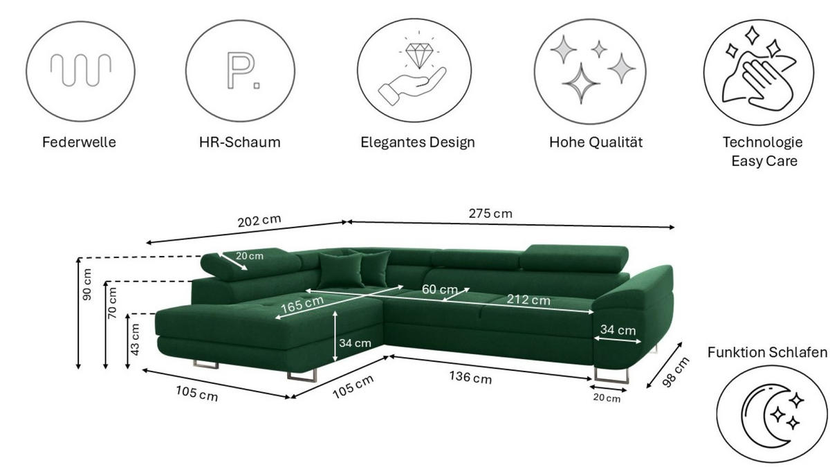 ECKSOFA FALIO L-Form Mit Schlaffunktion Im Modernen Stil Für Das Wohn Und Schlafzimmer Dunkelgrün Links - Dunkelgrün, Holz/Textil (202/275cm) - Kaiser Möbel