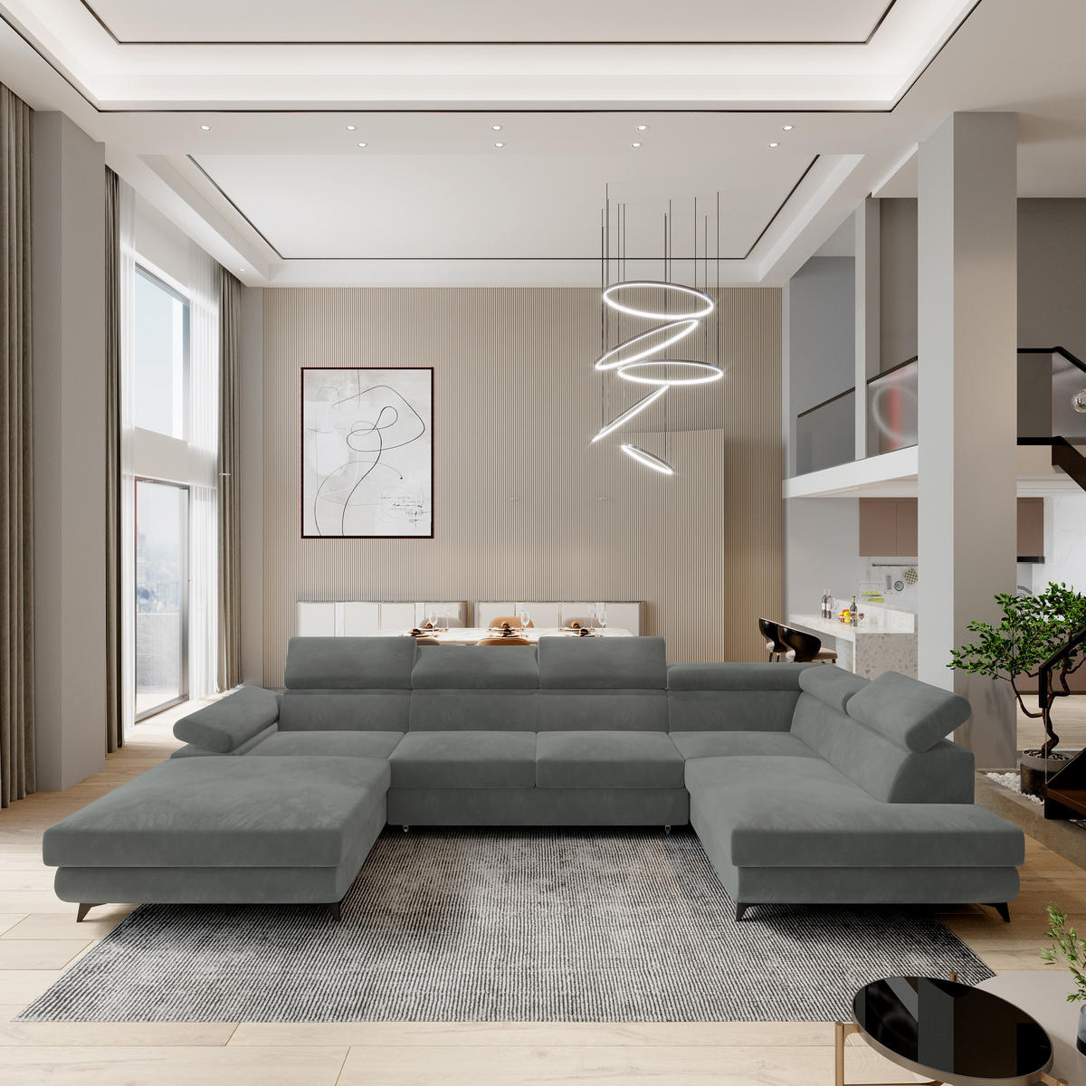 ROHOVÁ SEDAČKA RUBANO šedá - šedá/černá, kov/dřevo (339/190cm) - MASSENO