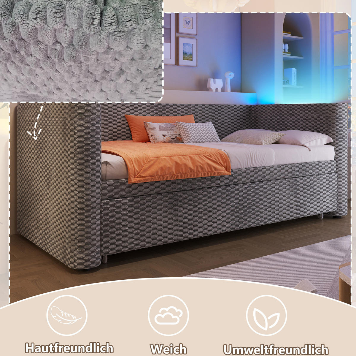 BETT 90/200 cm ausziehbar auf 180/200 cm in Grau – inkl. Lattenrost - Grau, Textil (90/200cm) - BEAOK