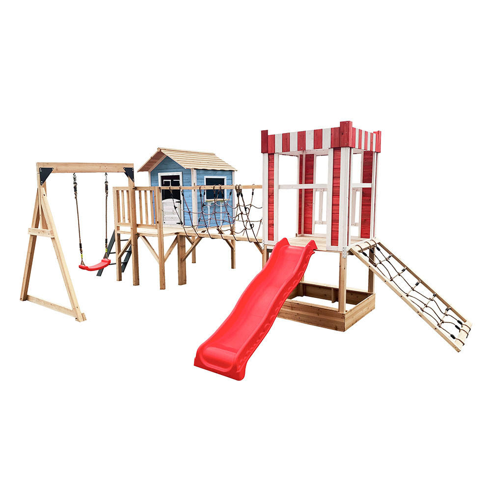 SPIELPARK WUNDERLAND - Farbe: Blau, Ausführung: inkl. Schaukel und Rutsche - Blau, Holz (555/215/340cm) - Home Deluxe