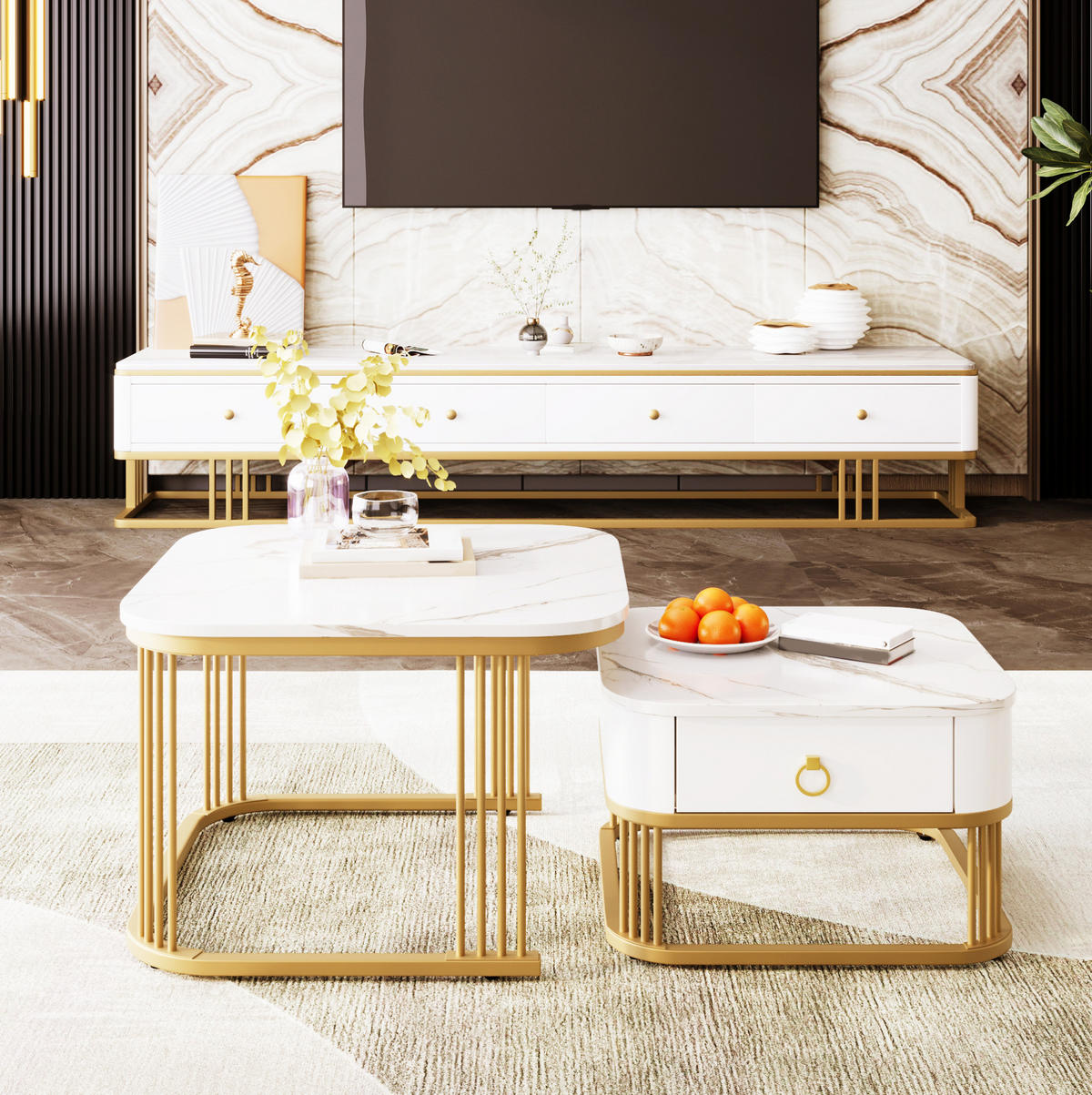 COUCHTISCH verschachtelbar 60 x 60 cm MDF Weiß-Gold 2er-Set - Weiß, Metall (60/60/45cm) - Meubliv