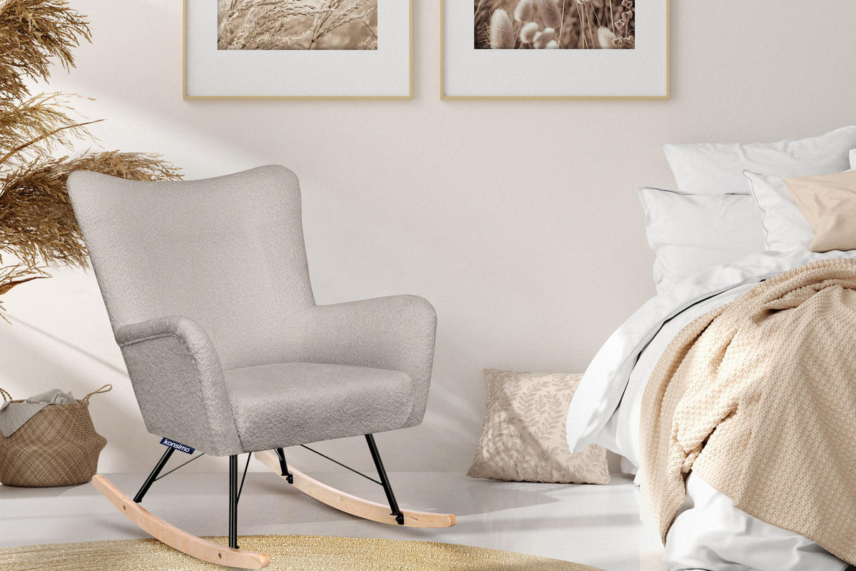 SCHAUKELSESSEL ADDUCTI breiter Sitz für mehr Komfort, Beige - Eichefarben/Beige, Holz/Textil (75/94/112cm) - KONSIMO®
