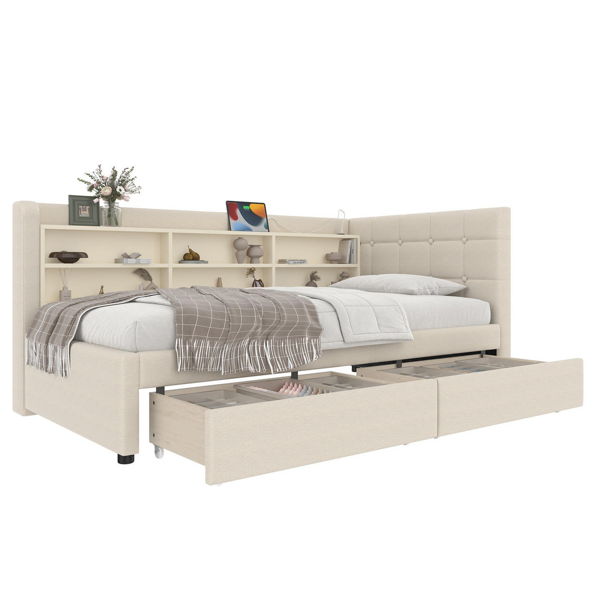 POLSTERBETT 90/200 cm Beige mit 2 Schubladen und USB- und Type-C-Anschlüssen - Beige, Textil (90/200cm) - Flora Grace