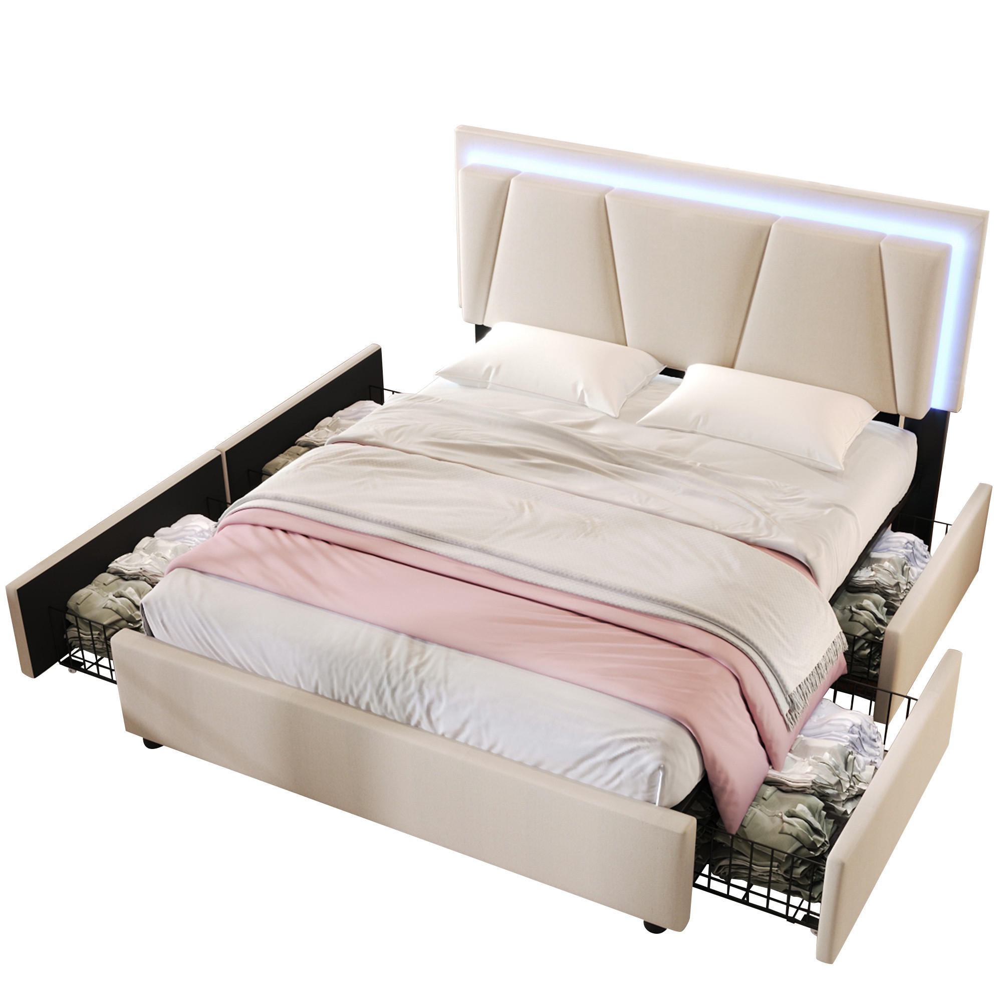 POLSTERBETT 160/200 cm Beige mit LED-Beleuchtung, 4 Schubladen und Matratze - Beige, Holz (160/200cm) - Flora Grace