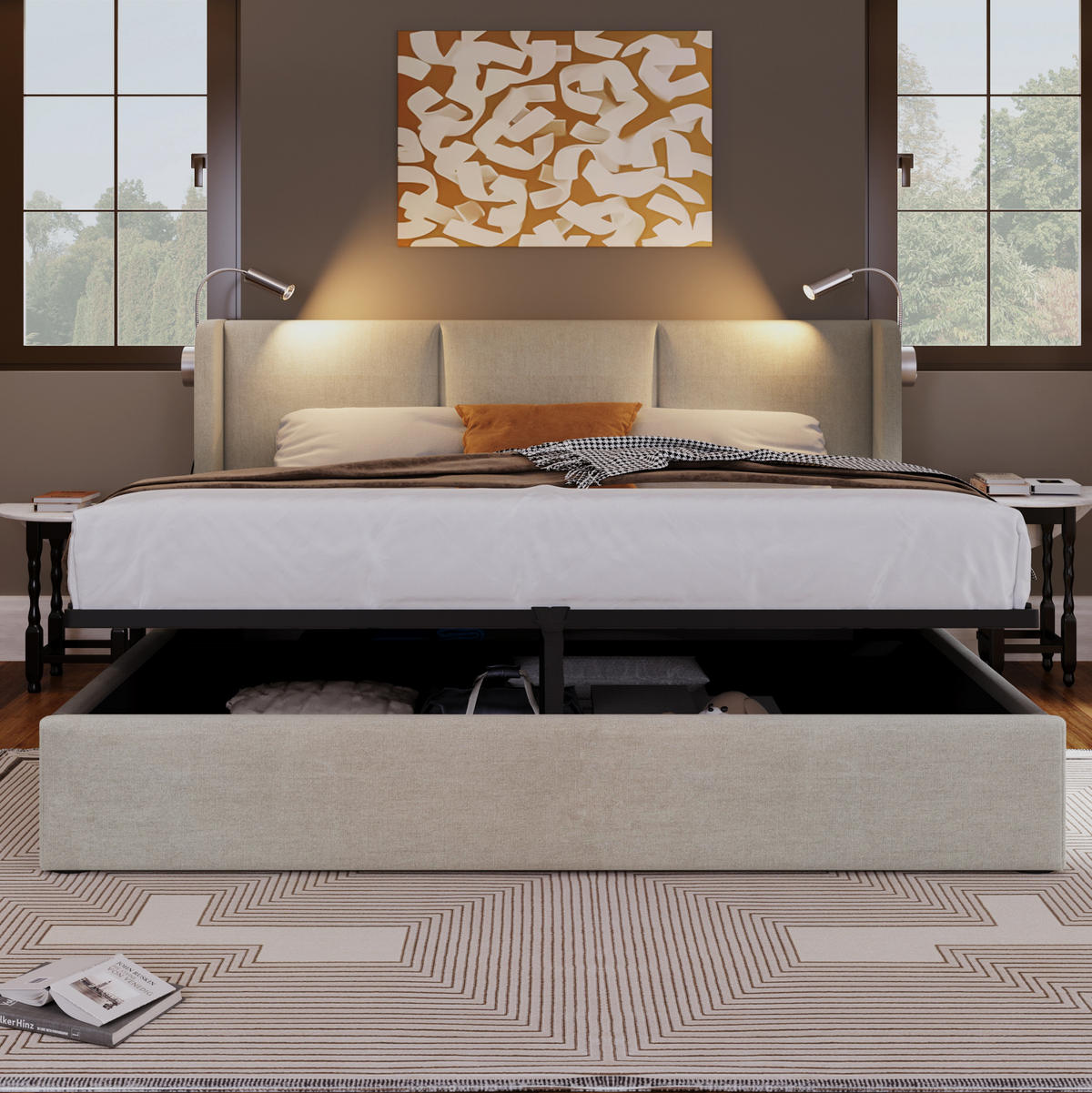 POLSTERBETT 140/200 cm mit hydraulischem Bettkasten, Leselicht & USB-Ladefunktion, Beige - Beige, Textil (140/200cm) - Redom