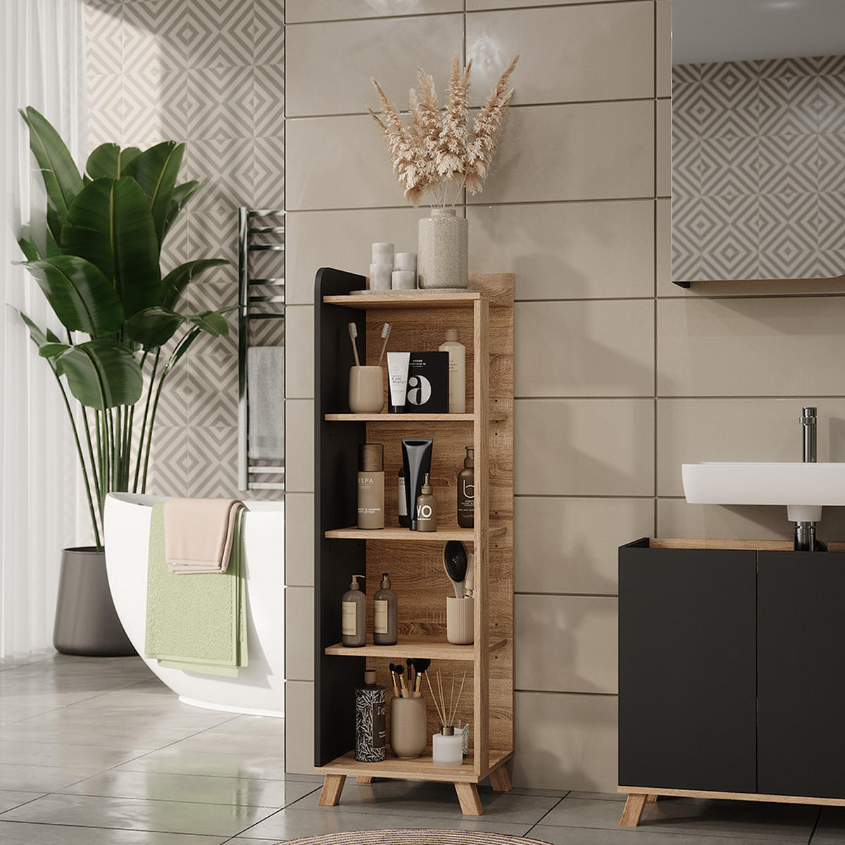 BADREGAL Karen Sonoma/Anthrazit 40 x 128 cm mit 4 Fächern - Anthrazit/Sonoma Eiche, Holzwerkstoff (40/128/35cm) - Vicco