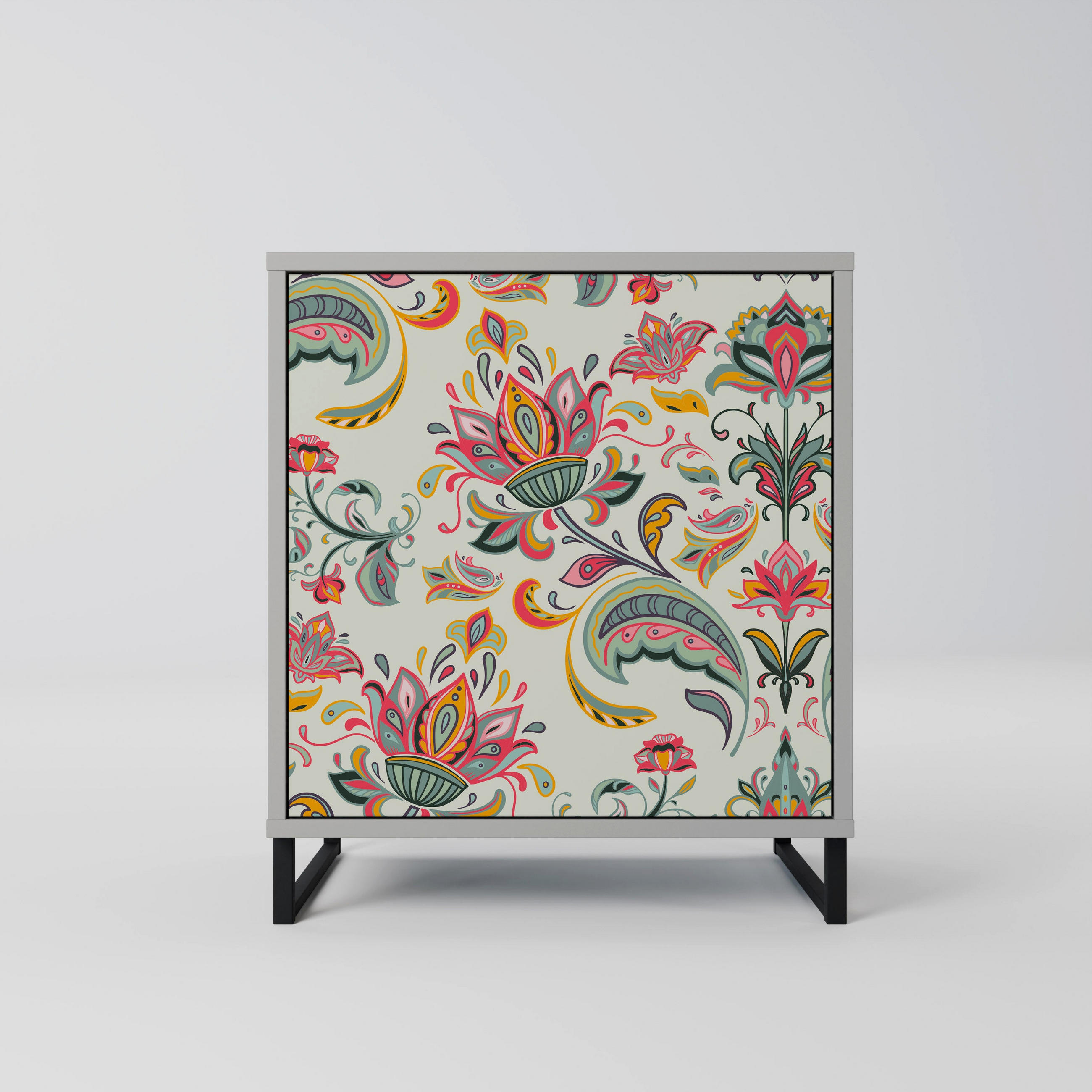 SIDEBOARD ORGANIC FOLKLORE, Grau, 57,5x42x67,5 cm, Schwarze Metall-Rahmenfüße - Multicolor/Schwarz, Holzwerkstoff/Metall (57.5/67.5/42cm) - SpaceRebels