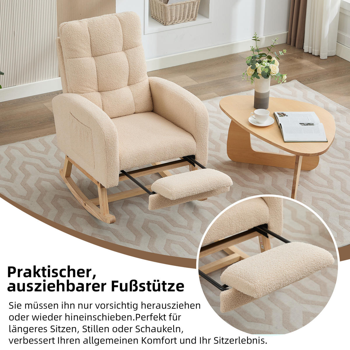 SCHAUKELSTUHL Bouclé Beige mit Seitentasche - Beige, Holzwerkstoff/Textil (50/99/132cm) - WISHDOR