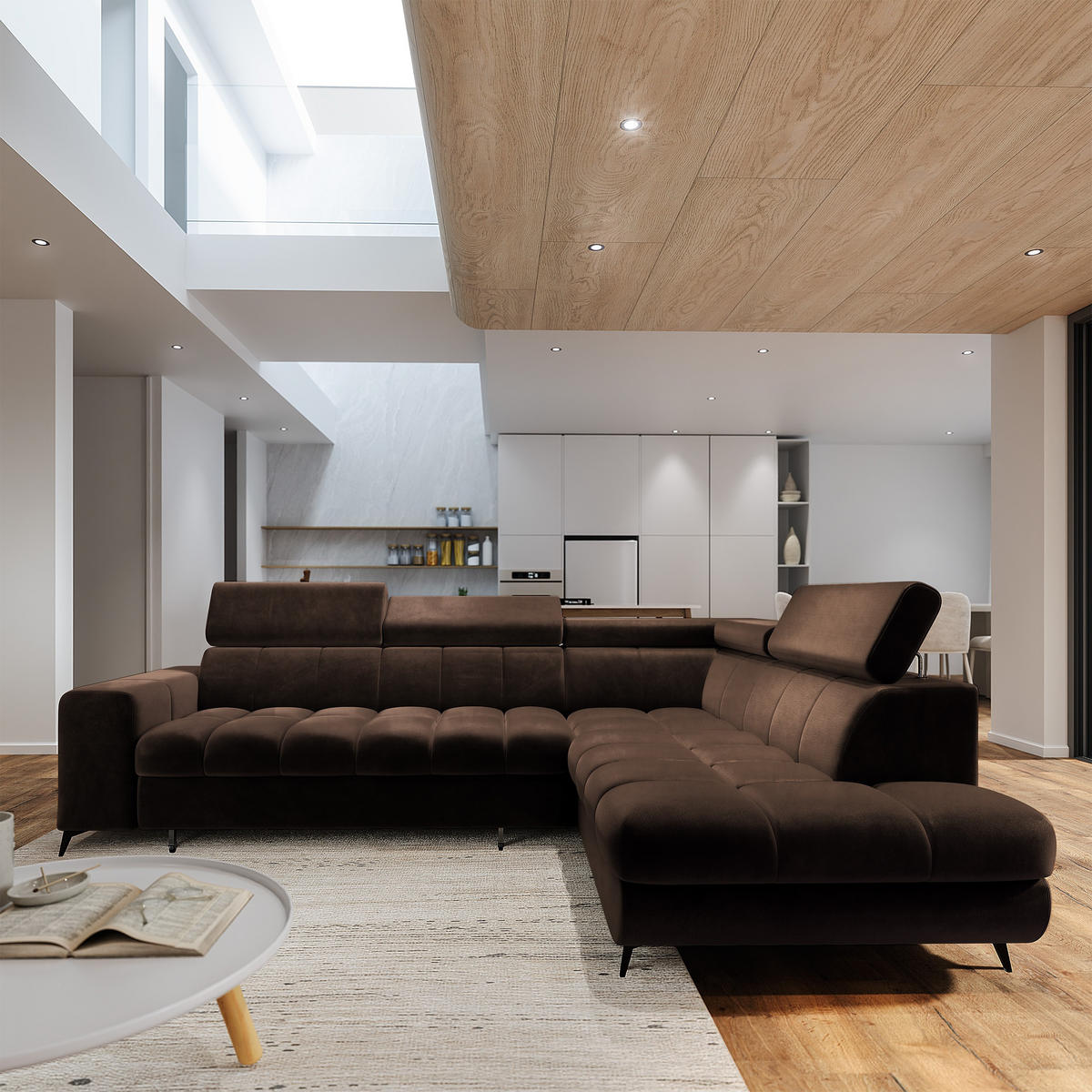 ECKSOFA MORIVA R-S Braun Velours-Stoff mit Schlaffunktion - Braun, Holz (253/190cm) - MASSENO