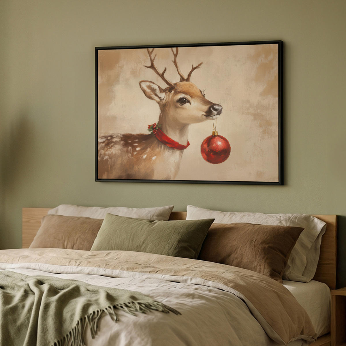 LEINWAND Bilder mit Rahmen - Weihnachten - Hirsch - Geweih - Weihnachtskugel - Rentier - 100x70 - Hellbraun, Textil (100/70cm) - MuchoWow