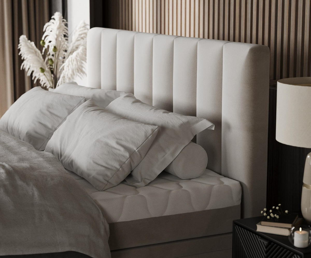 BOXBETT Lume 180/200 cm Hellbeige im Paros Stoff - Beige/Schwarz, Holz/Holzwerkstoff (180/200cm) - AltaBeds