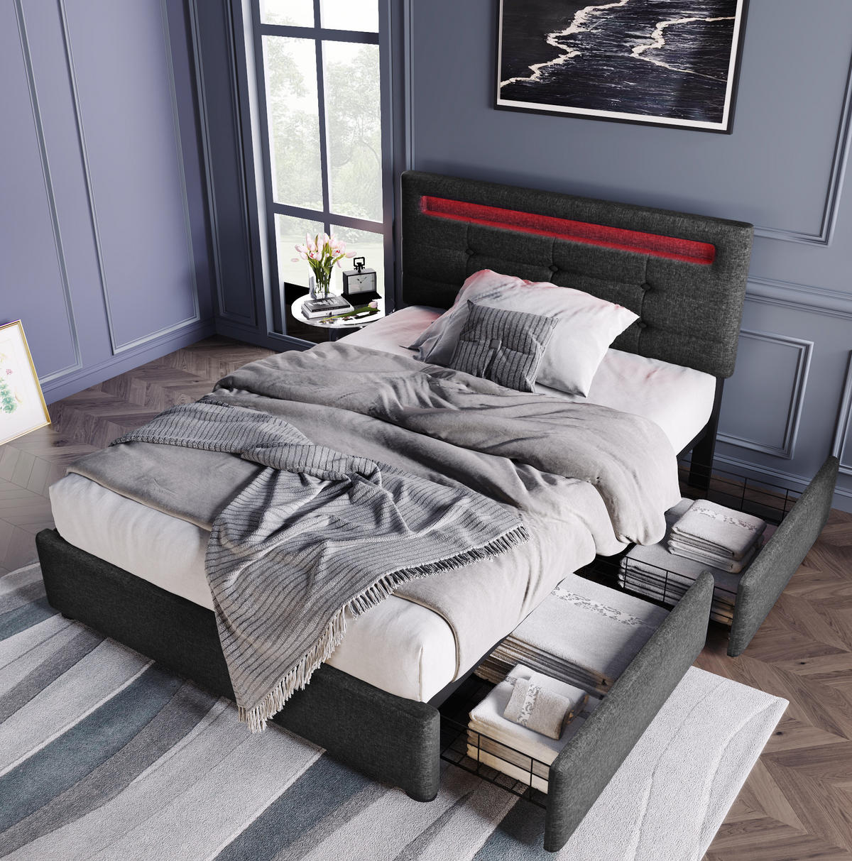 POLSTERBETT 90/200 cm Grau mit LED-Beleuchtung und höhenverstellbarem Kopfteil - Grau, Textil (90/200cm) - OKWISH