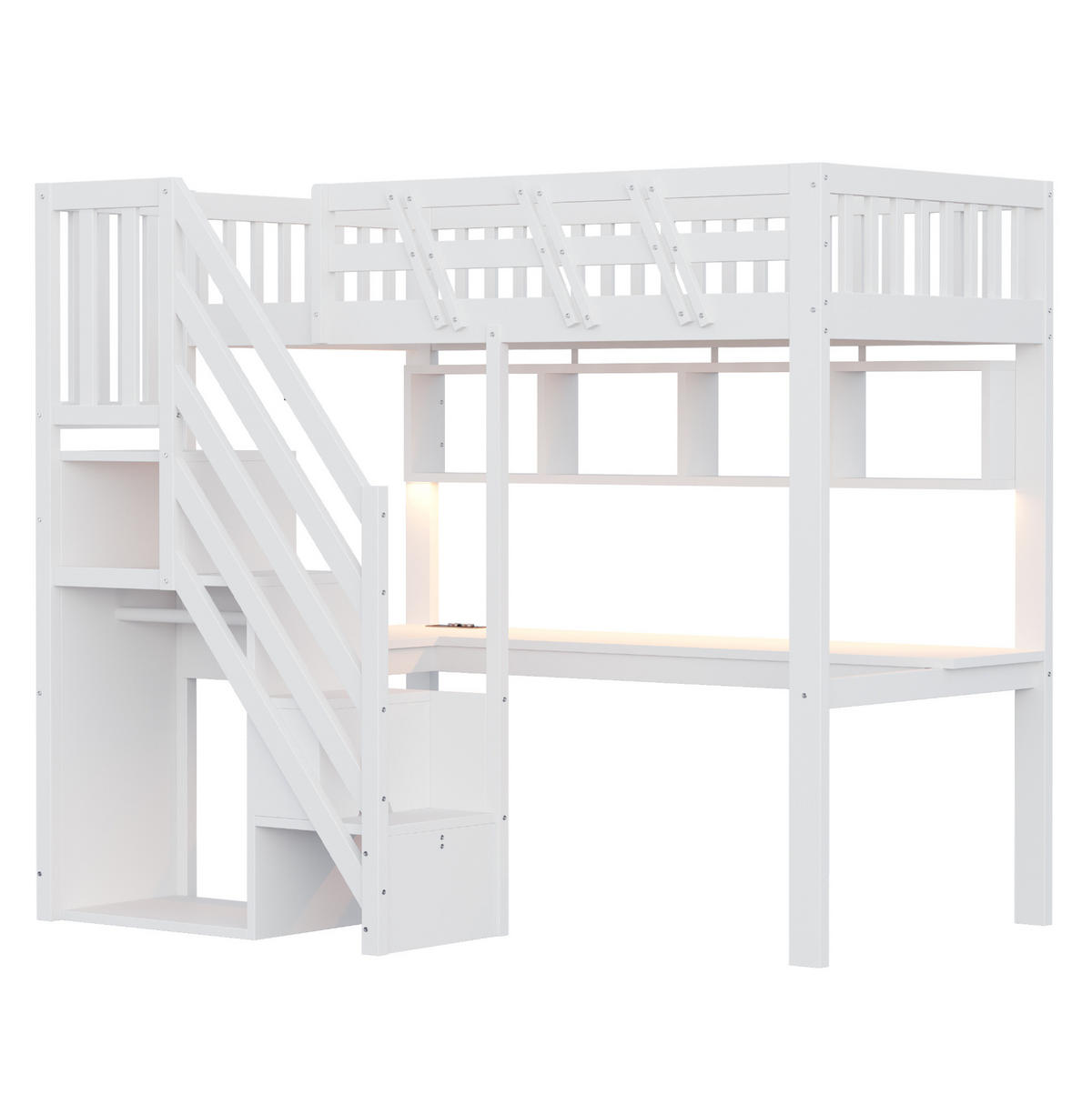 HOCHBETT 90/200 cm mit Schreibtisch, LED, Steckdosen und Aufbewahrungstreppe, Weiß - Weiß, Holzwerkstoff (90/200cm) - Redom