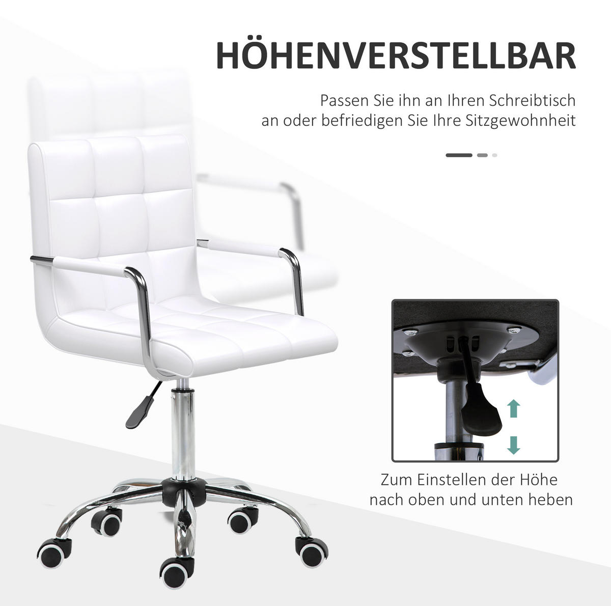DREHSTUHL Weiß höhenverstellbar mit Kunstlederbezug und Rollen,52.5/99/54 cm - Weiß, Kunststoff (54/99/52.5cm) - Flora Grace