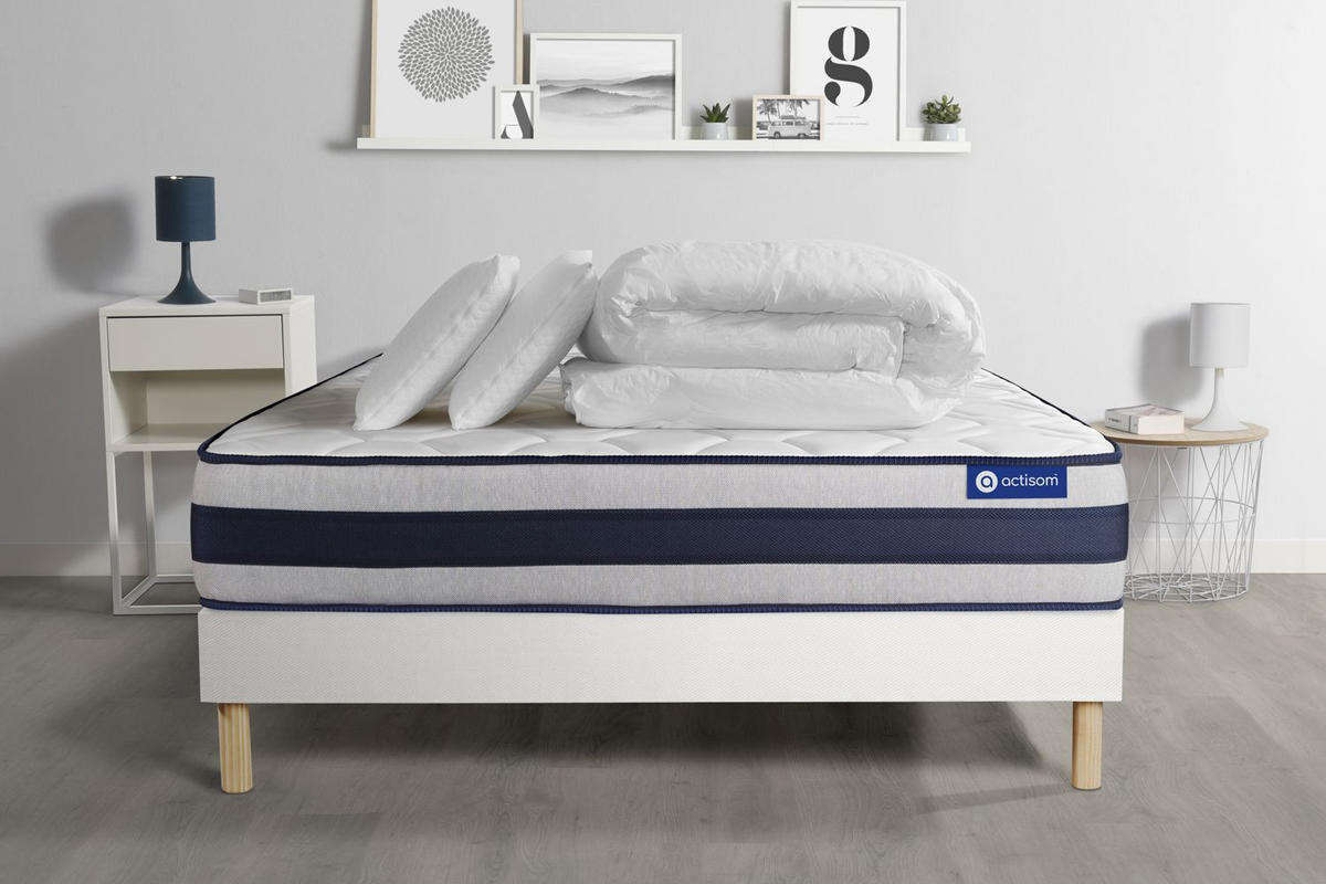 BETT Actilatex ergo Latex und Memory-Schaum 140 x 190 cm h3 - Kit Bettgestell Weiß - Mit Kissen und Bettdecke - Beige/Weiß, Holz/Textil (140/190cm) - ACTISOM