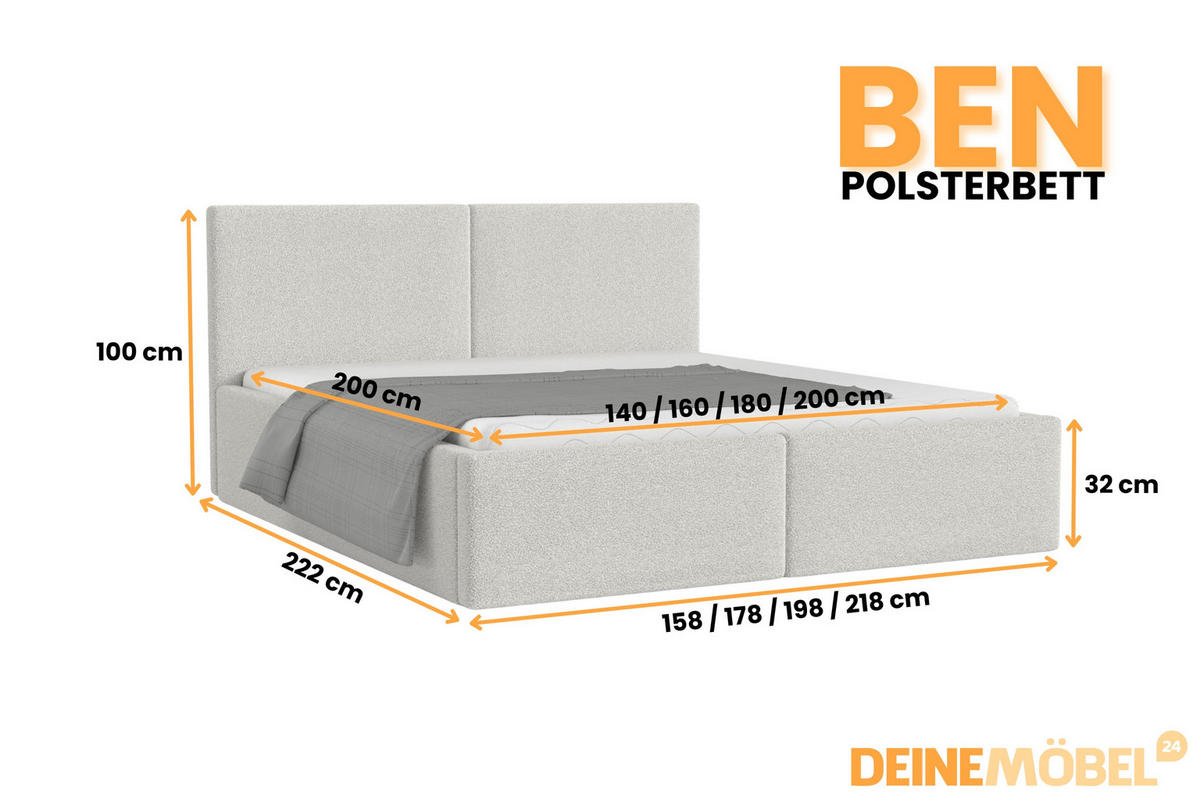 POLSTERBETT BEN 140/200 in Boucle Weiß - Weiß, Holz/Holzwerkstoff (140/200cm) - Deine Möbel 24