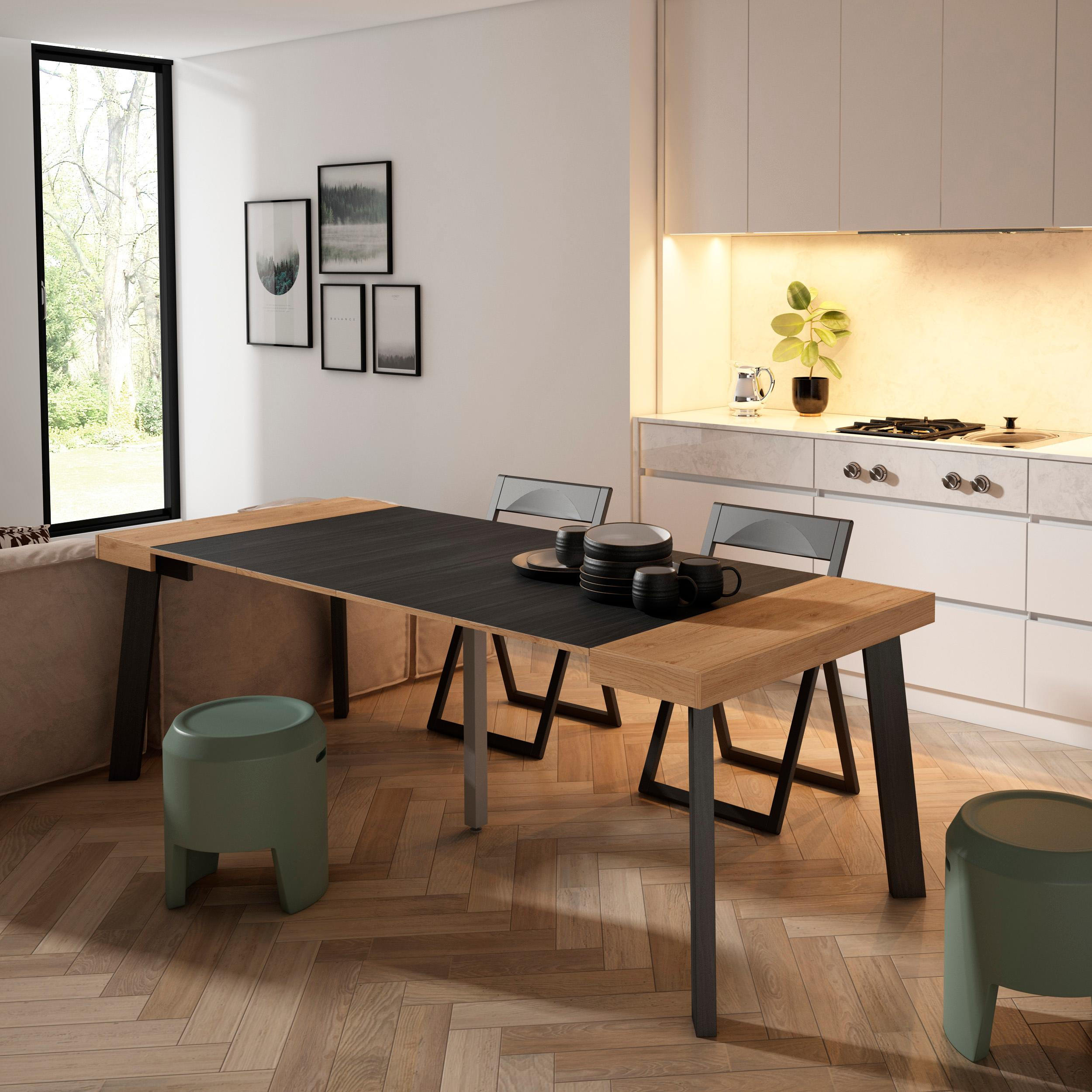 KONSOLENTISCH ausziehbar 58 bis 222cm, für 10 Gäste, eiche, schwarz, 90/58/73cm - Eichefarben/Schwarz, Holzwerkstoff (90/222/73cm) - Skraut Home