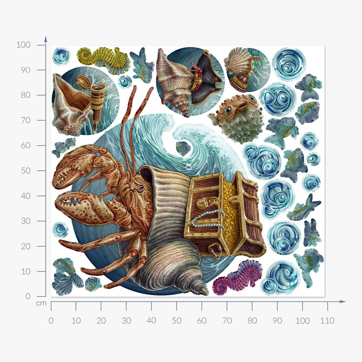 WANDAUFKLEBER 100x109cm - Die Unterwasserwelt der Krabbe - Multicolor, Kunststoff (100/109/0.1cm) - Wallfluent