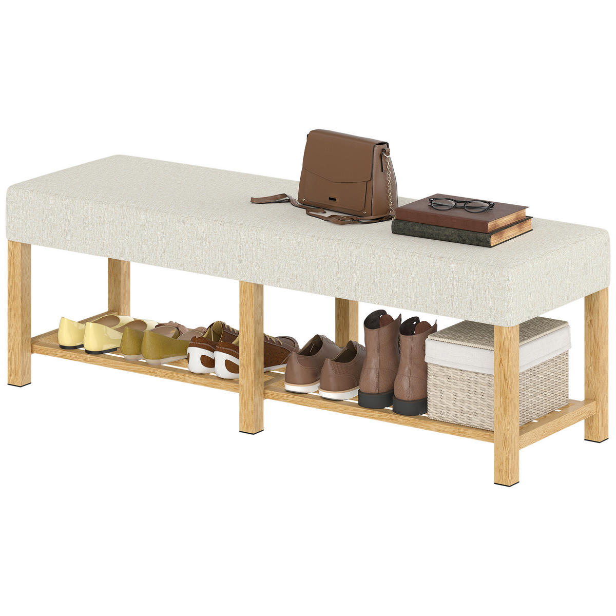 SCHUHBANK Natur und Cremeweiß gepolstert 140/44/48 cm - Creme, Holz (140/48/44cm) - PANGIVO