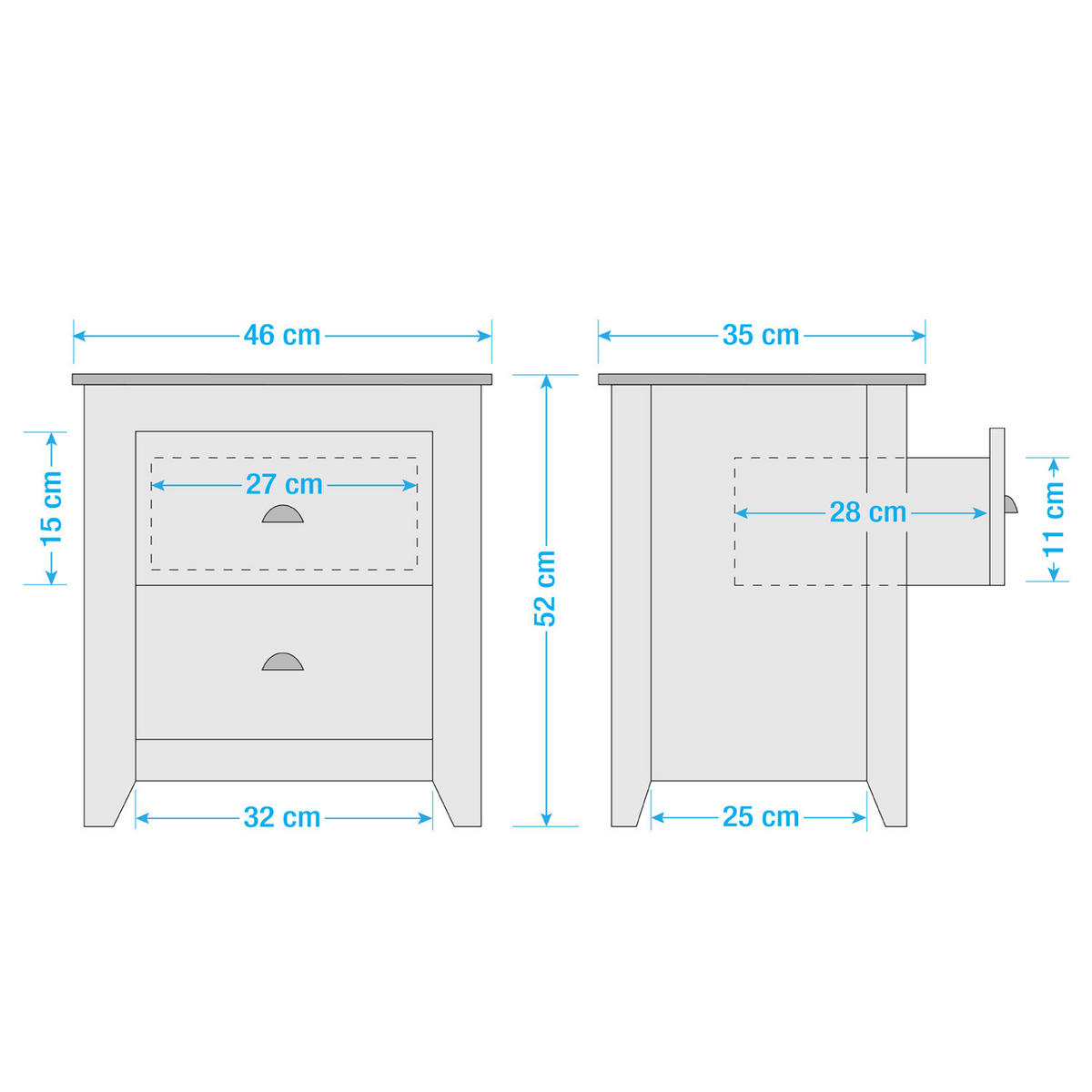 NACHTKOMMODE - Kiefer massiv - Anthrazit, Holz/Metall (46/52/35cm) - home24