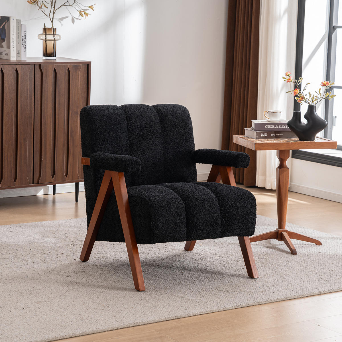 SESSEL Bouclé Schwarz mit Holzrahmen - Schwarz, Holz/Holzwerkstoff (77/77/68.5cm) - WISHDOR