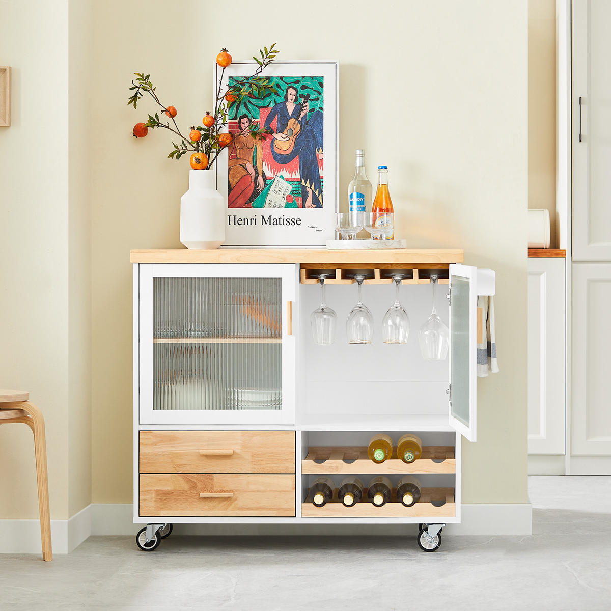 KÜCHENINSEL rollbar Weiß-Natur - Weiß, Glas/Holz (109/92/40cm) - SoBuy