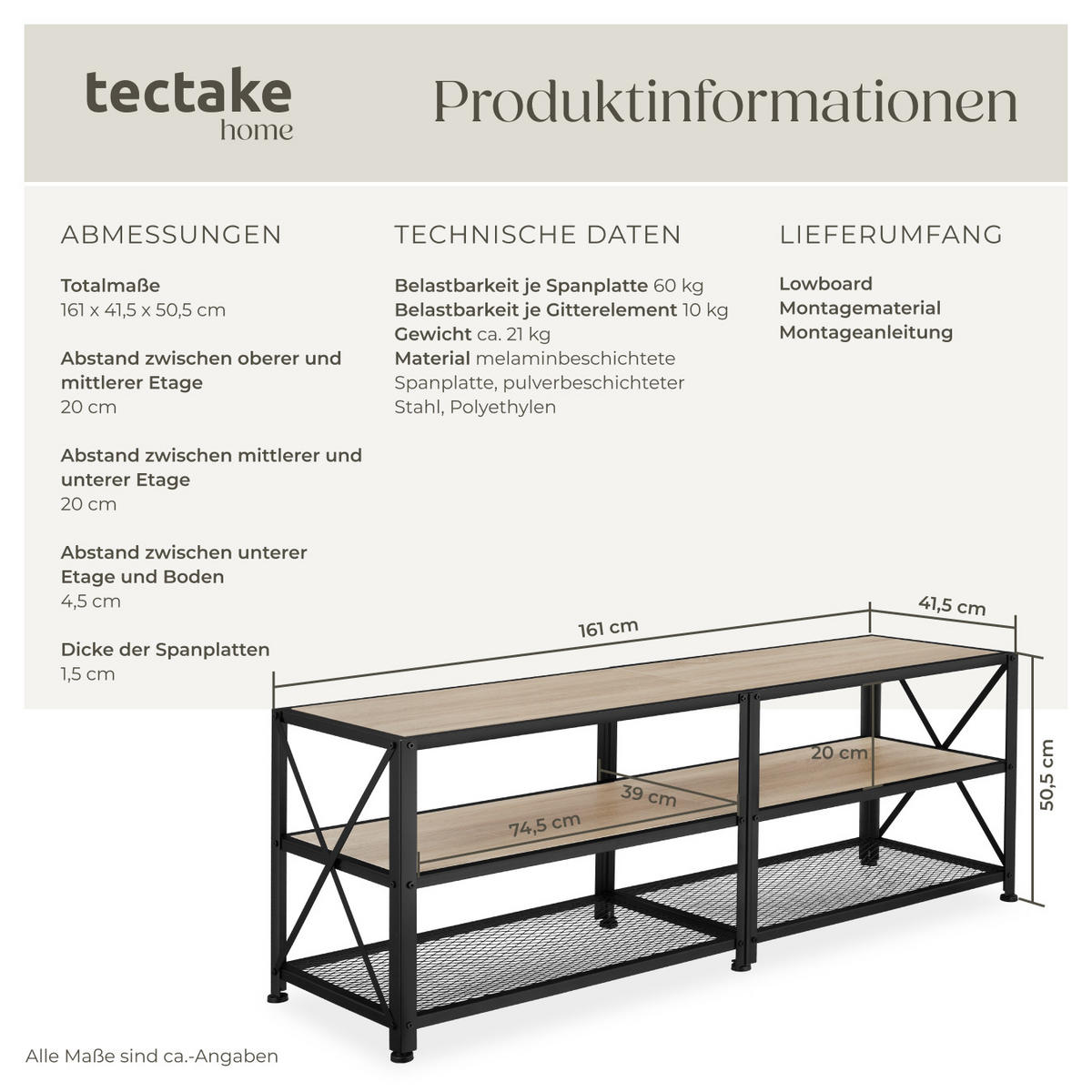 TV-REGAL Indianapolis,161 x 41,5 x 50,5 cm,Industrial Holz hell, Eiche Sonoma - Naturfarben, Holzwerkstoff (41.5/50.5/161cm) - tectake