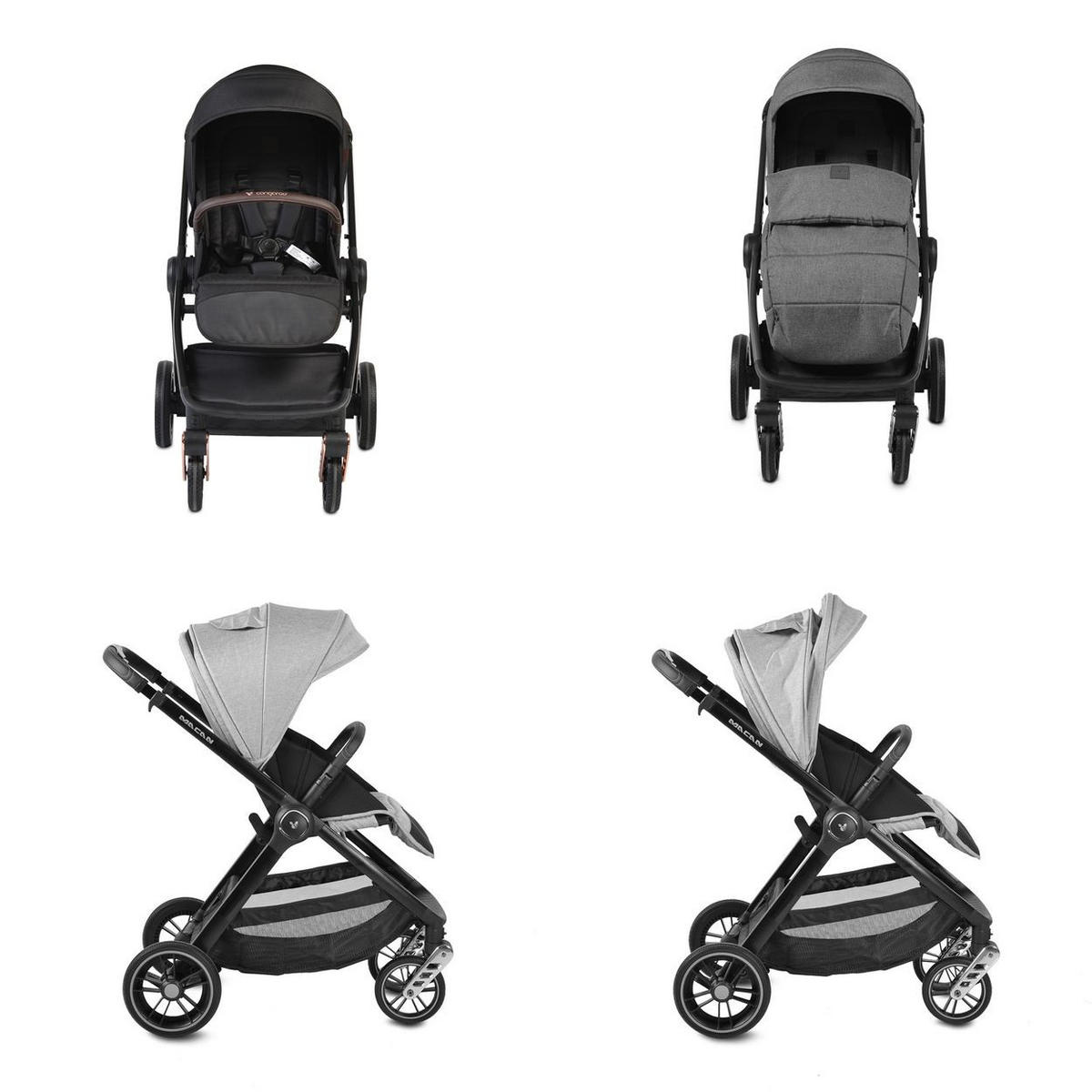 KOMBIKINDERWAGEN Macan 2 in 1 schwarz Babywanne Sportsitz Tasche PU-Räder Gurt - Schwarz, Metall (103/60/105cm) - Cangaroo