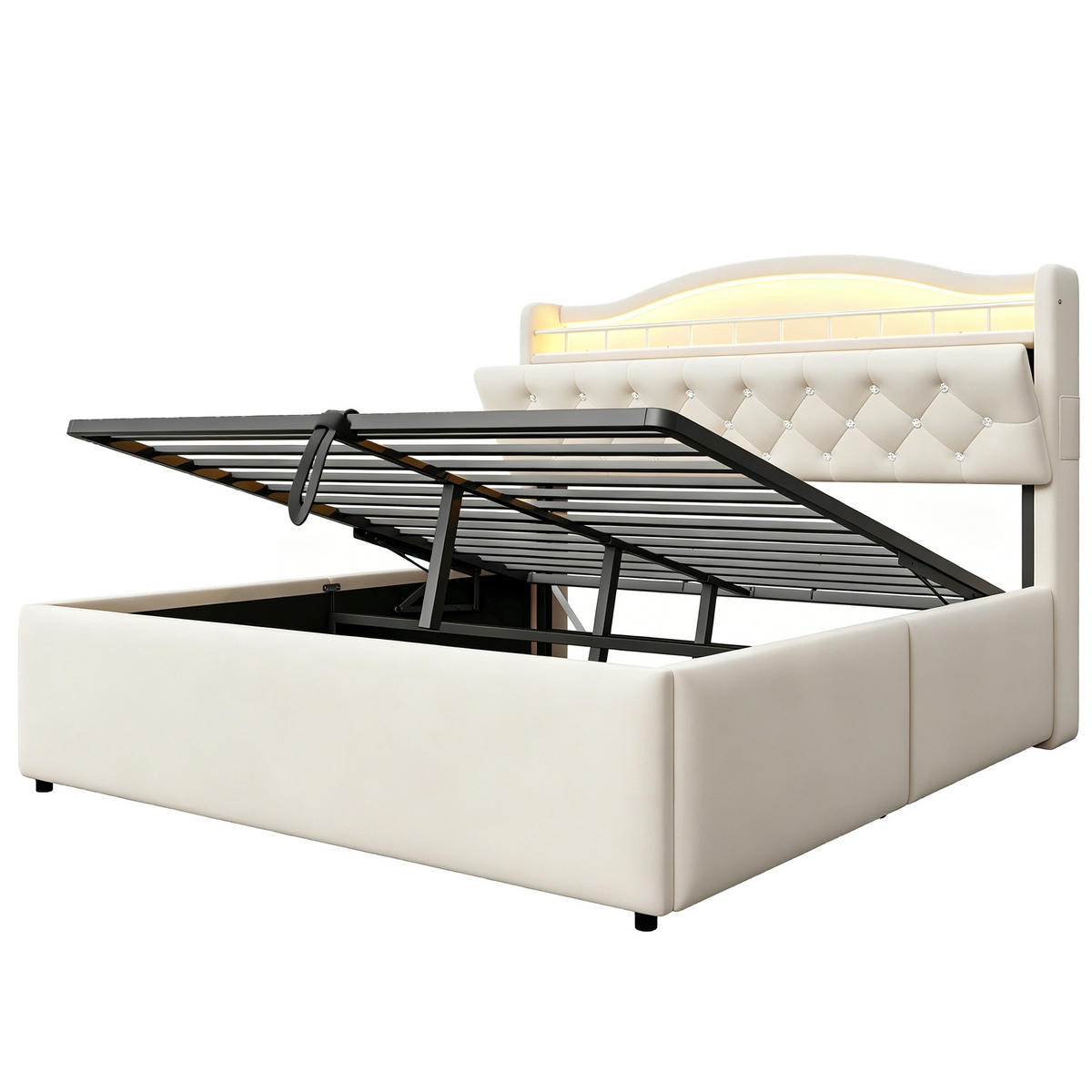 POLSTERBETT 140/200 cm in Beige Samt mit Bettkasten, LED, USB und Kopfteil-Ablage - Beige, Holzwerkstoff/Textil (140/200cm) - CHICFURN