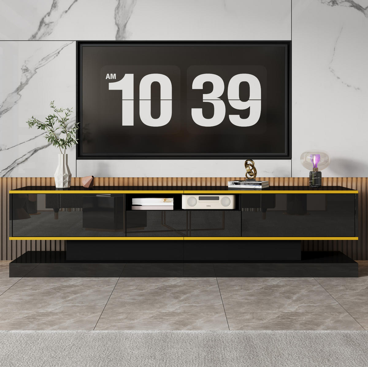 LOWBOARD 180/38/45 cm aus Holzwerkstoff mit LED-Beleuchtung Schwarz/Gold - Schwarz, Holzwerkstoff (180/45/38cm) - Modenvie