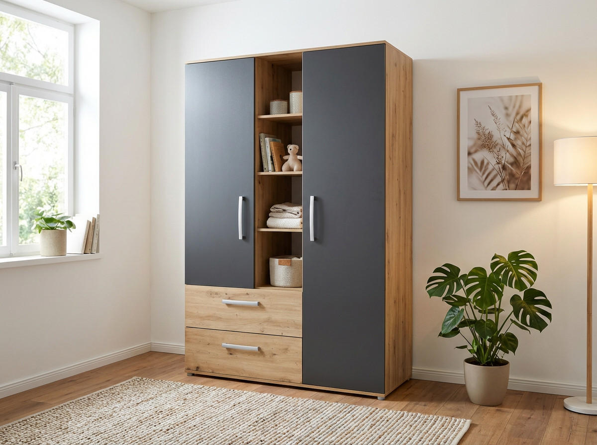 KLEIDERSCHRANK Alessio 2-türig | 2 Schubladen, 10 Fächer & Kleiderstange | Made in Germany | Anthrazit / Artisan Oak - Anthrazit/Silberfarben, Holzwerkstoff/Kunststoff (130/188/51cm) - arthur berndt