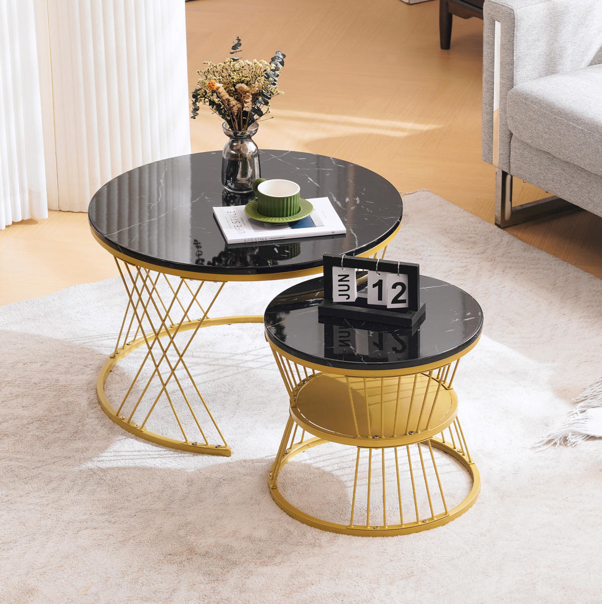 COUCHTISCH-SET 70/70/47 und 45/45/40 cm, rund ineinanderschiebbar mit Hochglanz-Oberfläche und Metallgestell, Schwarz/Gold - Schwarz, Holzwerkstoff (70/70/45cm) - Redom