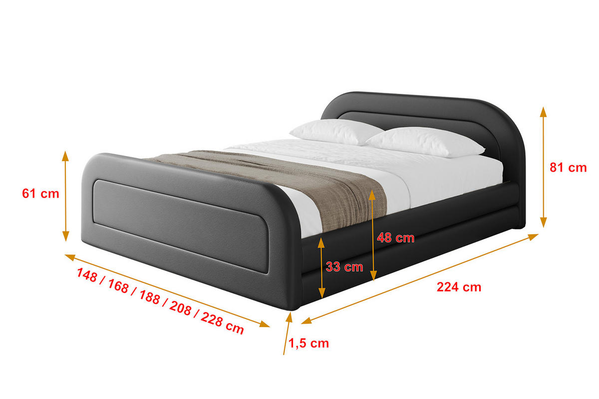 POLSTERBETT mit Bettkasten, Fußteil und Lattenrost, Boxbett mit Matratze H3/H4 - LERIS-v1-Z 180x200 Schwarz Kunstleder - Schwarz Hochglanz, Holzwerkstoff/Textil (180/200cm) - ALTDECOR