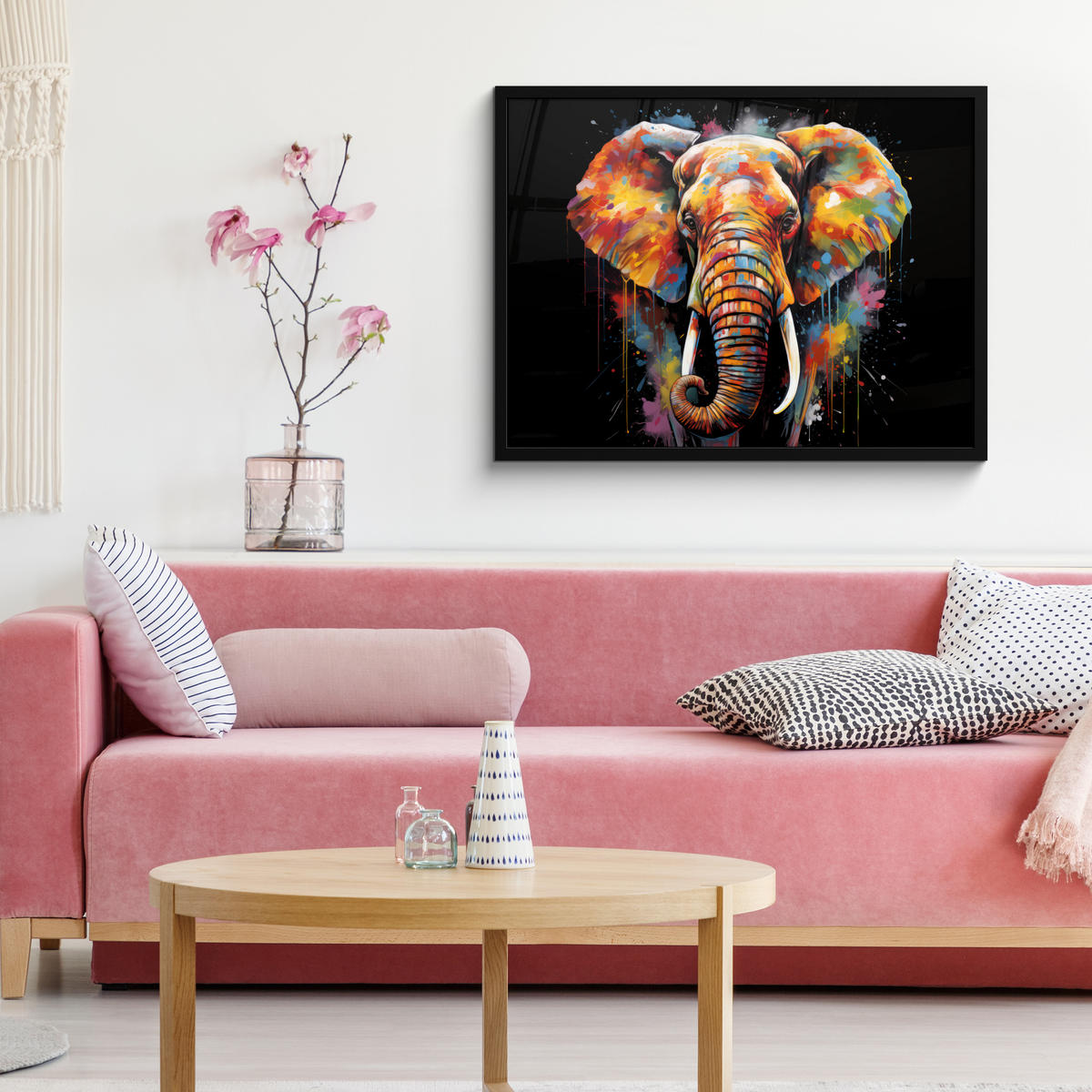 POSTER MIT RAHMENGERAHMTES BILD Elefant - Graffiti - Schwarz - Tiere - Farben 80x60 cm - Schwarz, Papier (80/60cm) - MuchoWow